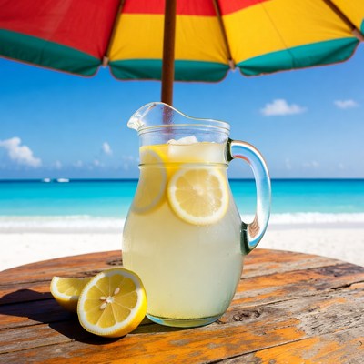 Lemonade pitcher under beach umbrella