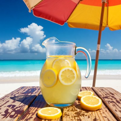 Lemonade pitcher on beach table