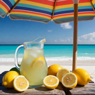 Lemonade pitcher with lemons under beach umbrella