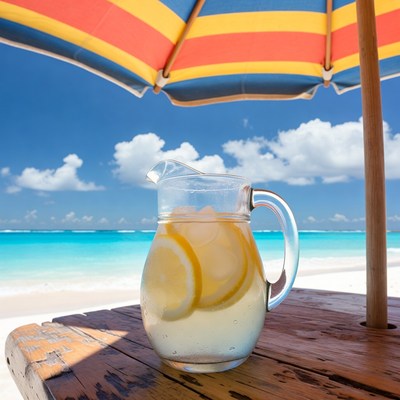 Lemonade pitcher under beach umbrella