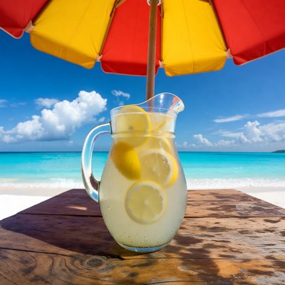Lemonade pitcher under beach umbrella