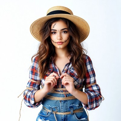 Woman in scarecrow costume with straw hat