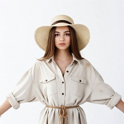 Young woman in beige shirt and straw hat