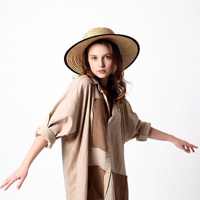Woman in straw hat and beige shirt