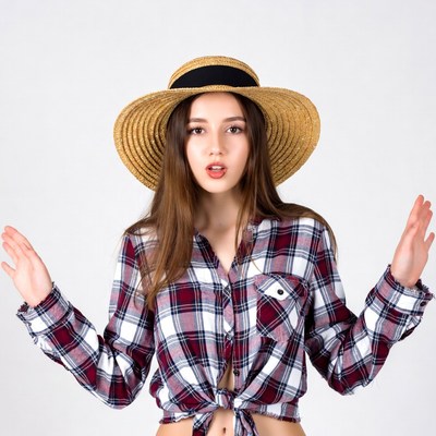 Woman in straw hat and plaid shirt