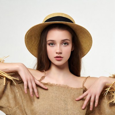 Girl in straw hat and burlap dress