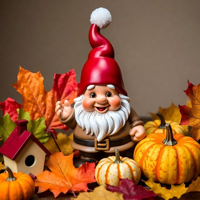 Smiling Gnome with Pumpkins and Autumn Leaves