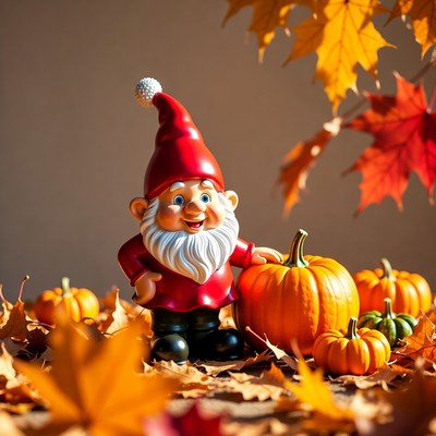 Garden Gnome Holding Pumpkin with Autumn Leaves