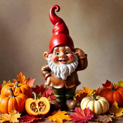 Smiling Gnome with Pumpkins and Autumn Leaves