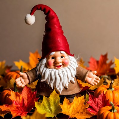 Smiling gnome in autumn leaves and pumpkins