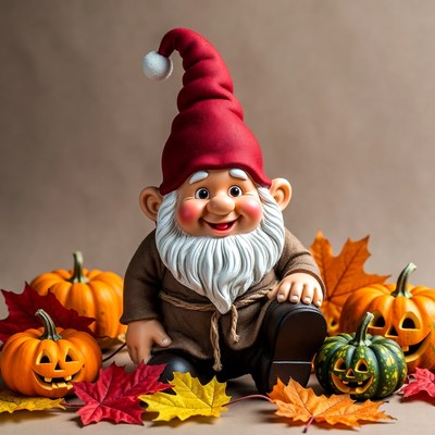 Smiling Gnome with Pumpkins and Autumn Leaves