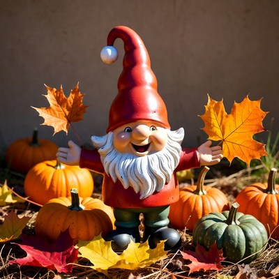 Garden Gnome with Pumpkins and Autumn Leaves