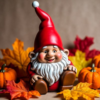 Smiling garden gnome with pumpkins and autumn leaves