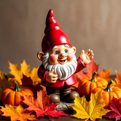 Smiling Garden Gnome with Pumpkins and Autumn Leaves