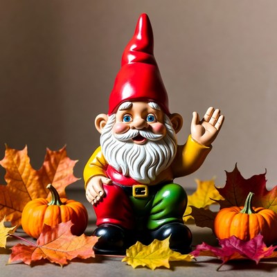 Garden Gnome Waving with Autumn Leaves Pumpkins