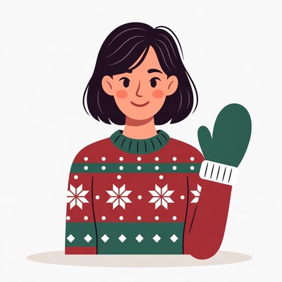 Woman waving in Christmas sweater