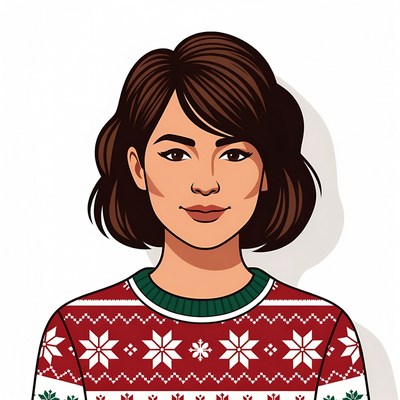 Asian woman in red Christmas sweater