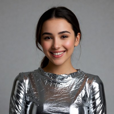 Smiling woman in silver top