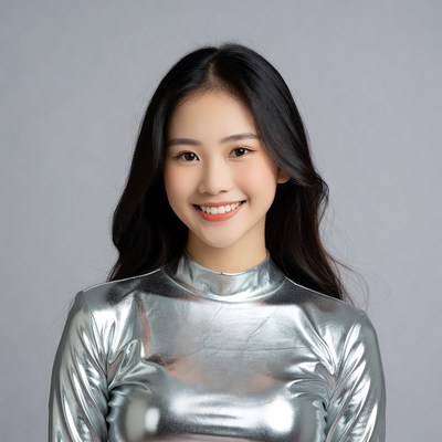 Asian woman in silver shiny top
