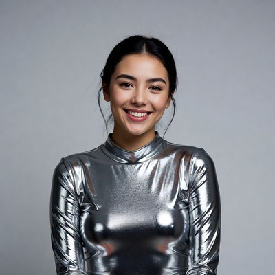 Asian woman in silver shiny top
