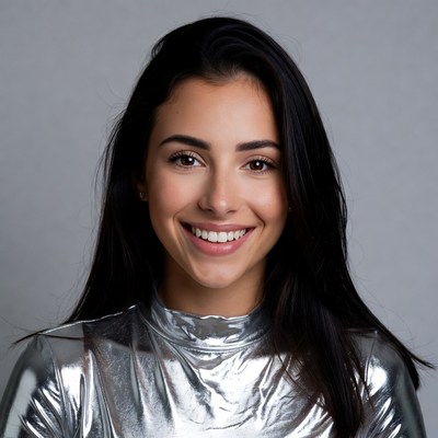 Smiling woman in silver top