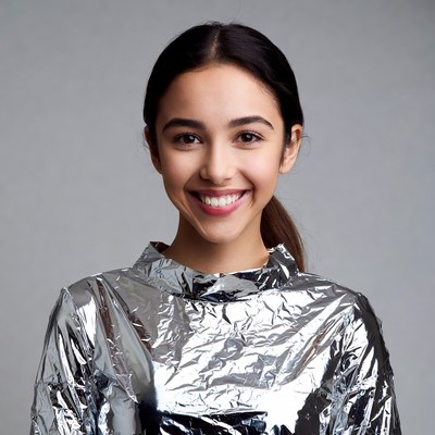 Smiling girl in silver metallic outfit