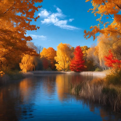 Autumn Trees Reflecting in Blue Lake