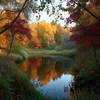 Autumn Pond with Colorful Tree Reflections