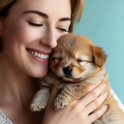 Woman holding cute puppy