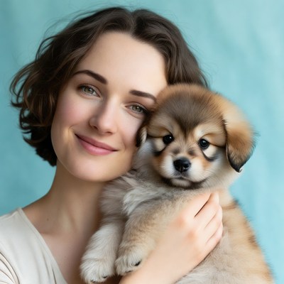 Woman holding cute puppy