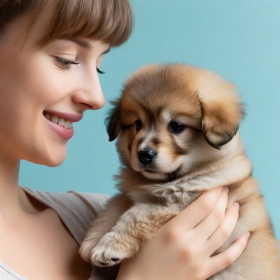 Woman holding cute puppy