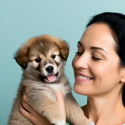 Woman holding cute puppy