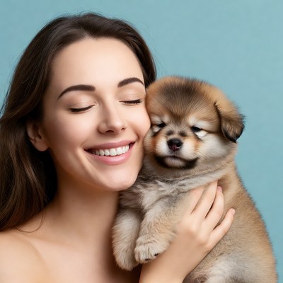 Woman holding cute puppy