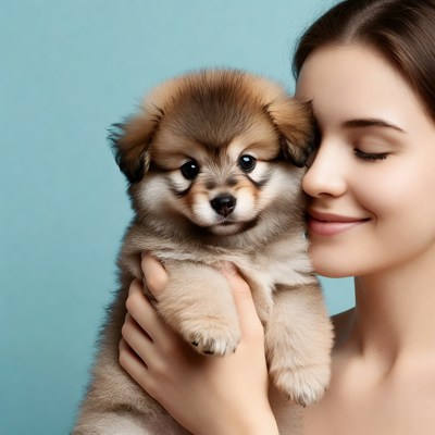 Woman kissing cute puppy