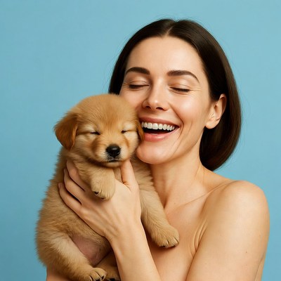 Woman holding cute golden retriever puppy