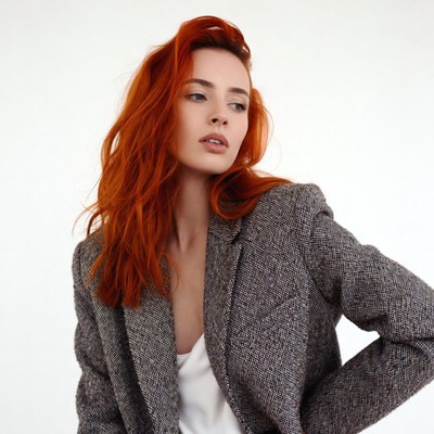 Redhead woman in gray blazer