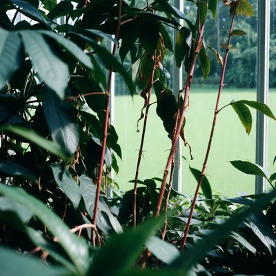 Lush green plants in glass greenhouse