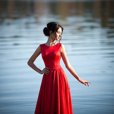 Woman in red dress by lake