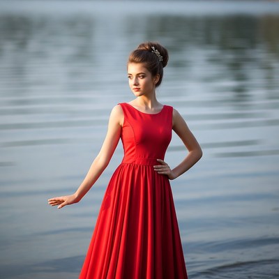 Woman in red dress by lake