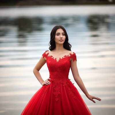 Woman in red lace gown by lake