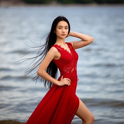 Asian woman in red dress by lake