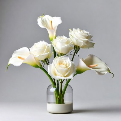 White Calla Lilies and Roses in Glass Vase