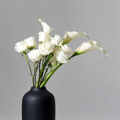 White Roses and Calla Lilies in Black Vase