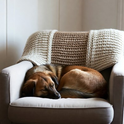 Sleeping dog on cozy armchair