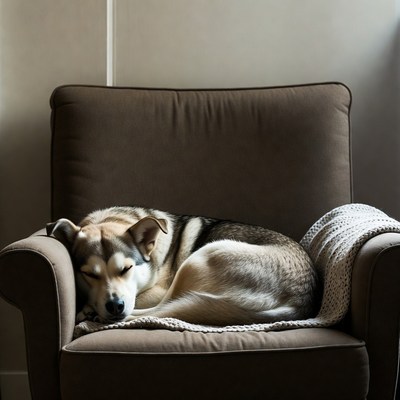 Sleeping Husky Dog in Armchair
