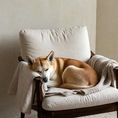 Shiba Inu sleeping on armchair