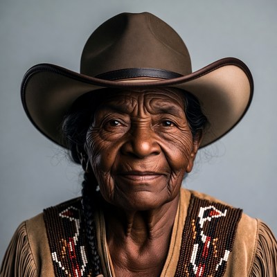 Elderly Native American woman in cowboy hat