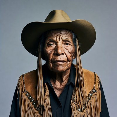 Elderly Indigenous woman in cowboy hat