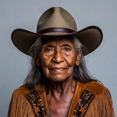 Elderly Indigenous woman in cowboy hat