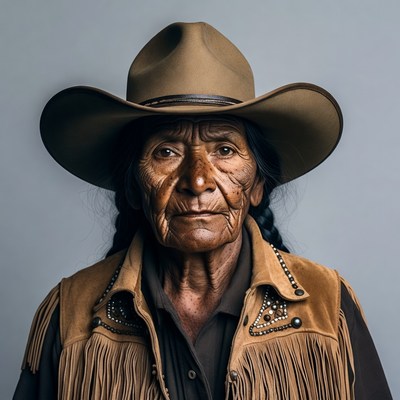 Elderly Native American woman in cowboy hat